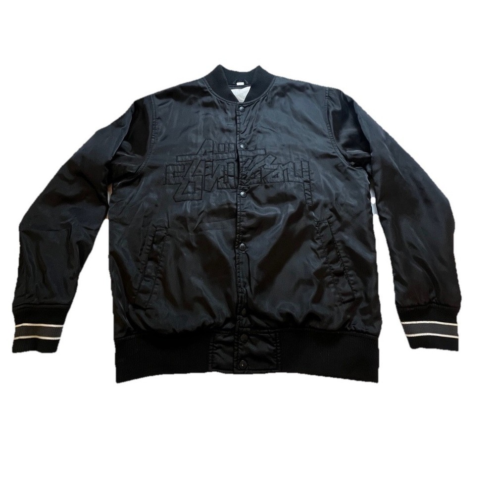 Stussy Varsity Black Satin Bomber Jacket- XL Embroidered- Snaps VTG- Y2K- 1990s - Picture 1 of 13